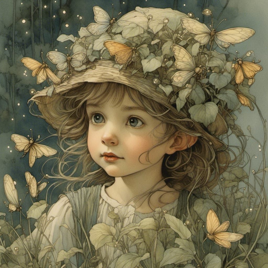 Detailed Flower Elf with Fireflies Illustration