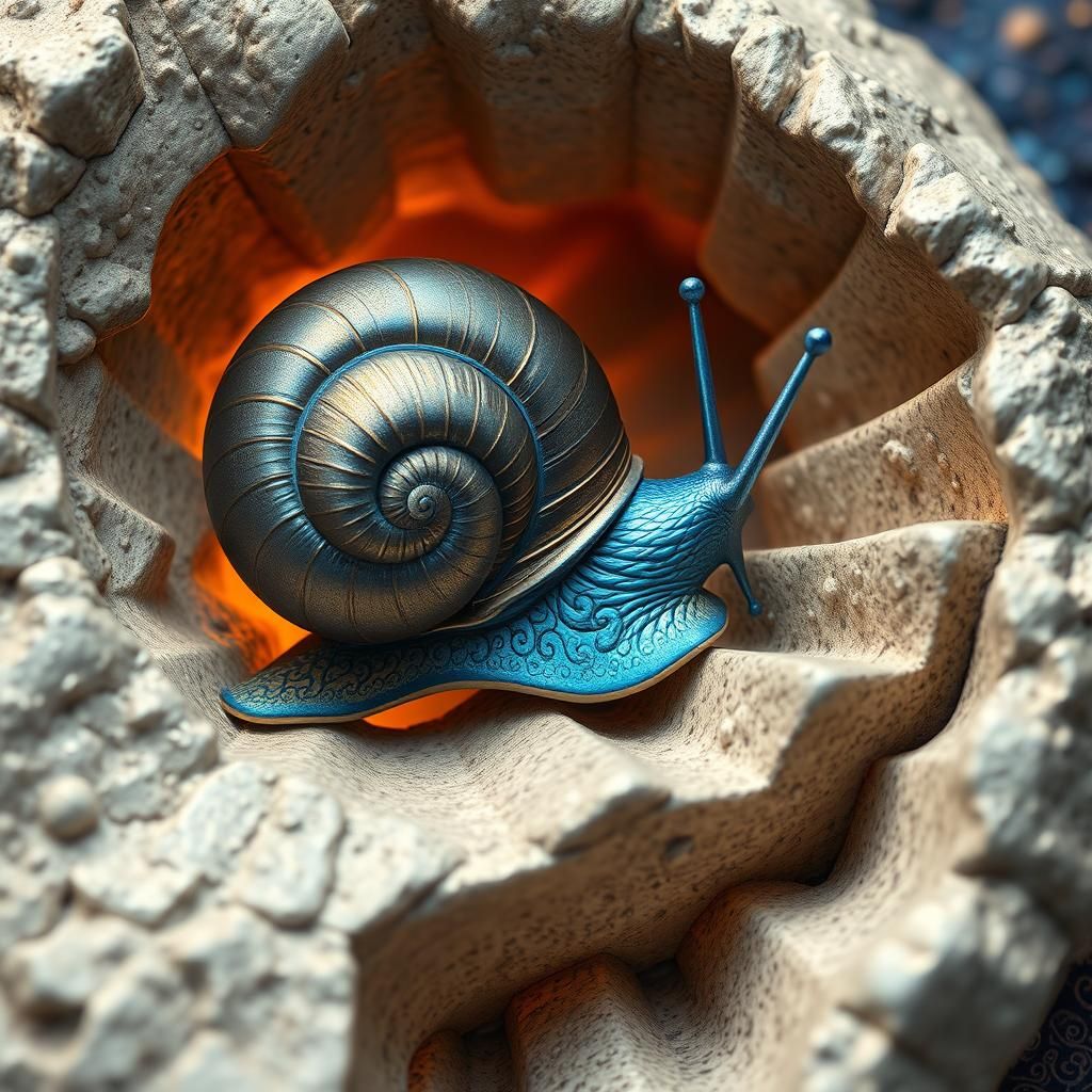 Metallic Blue Snail Climbs Pumice Fractal Staircase