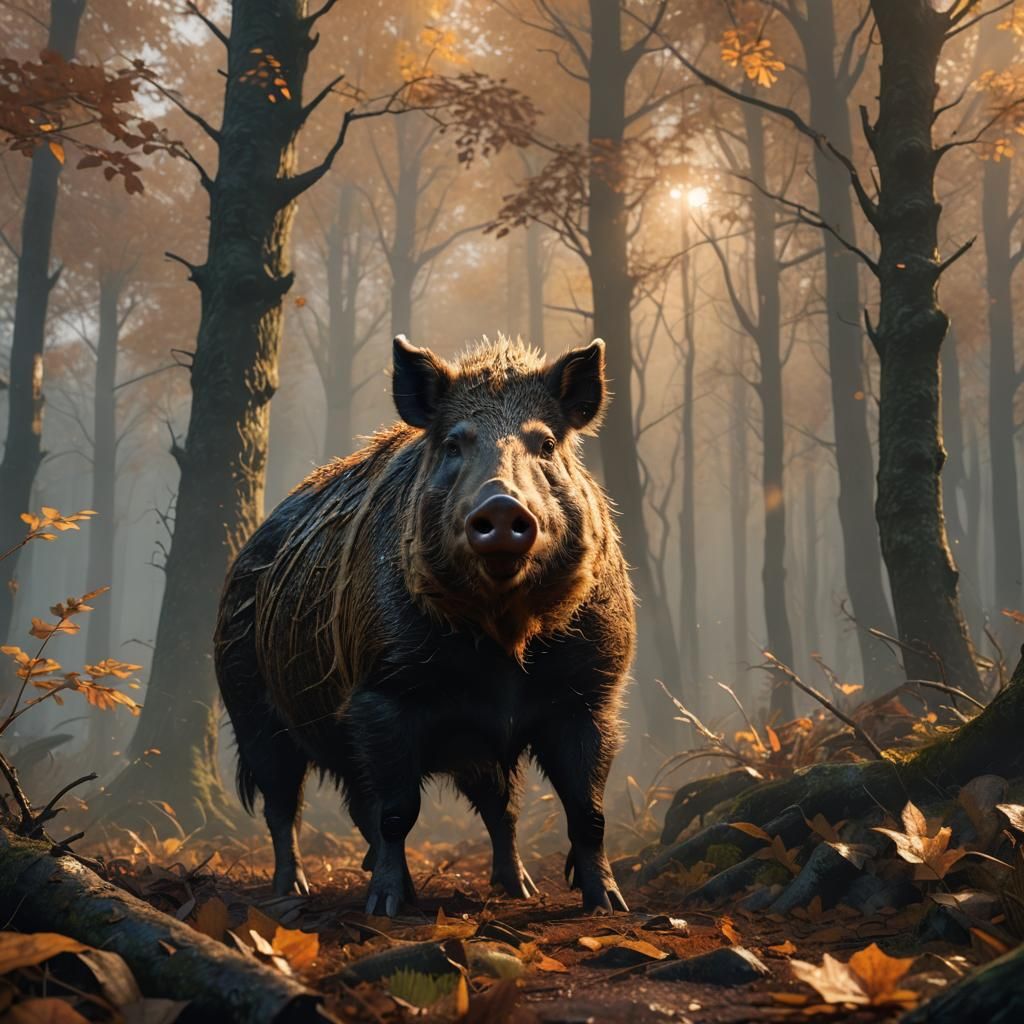 Wild Boar in Misty Forest: 3D Digital Art