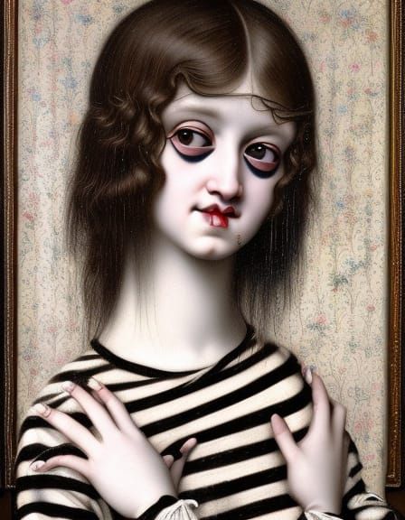 beautiful 1400’s European renaissance era black and white striped frumpy lady portrait