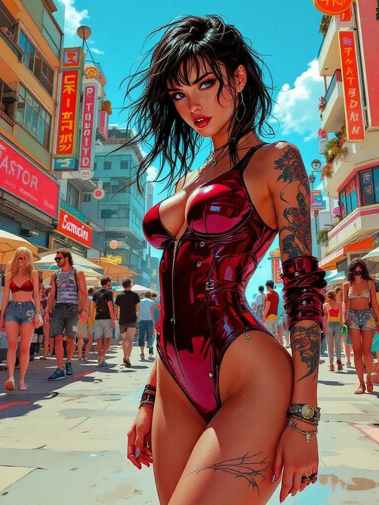 Cyberpunk Boardwalk Pin-Up in Graphic Novel Style
