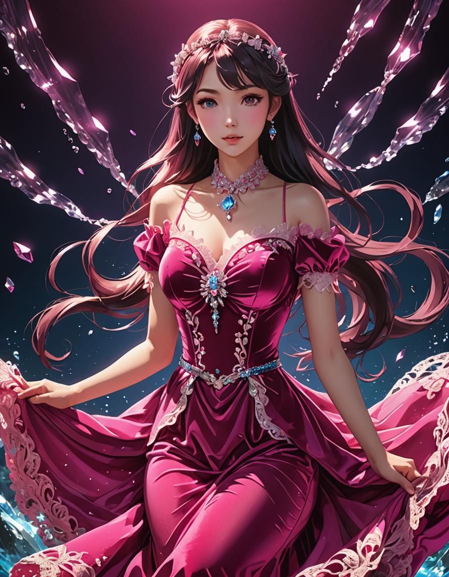 Hot Pink Dress with Crystal Top in Anime Style