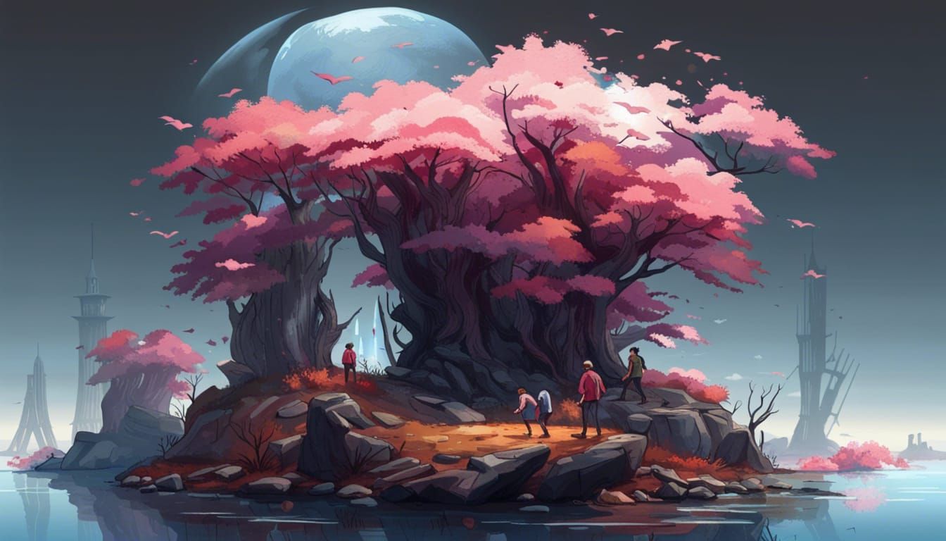 Fantasy Landscape with Red Sun, Detailed Digital Art