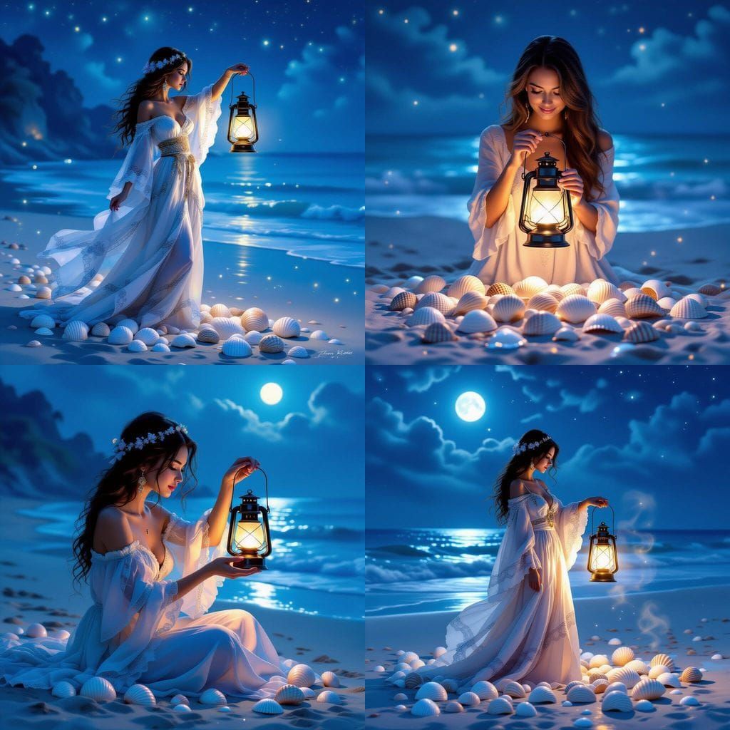 Ethereal Beach at Night with Lantern