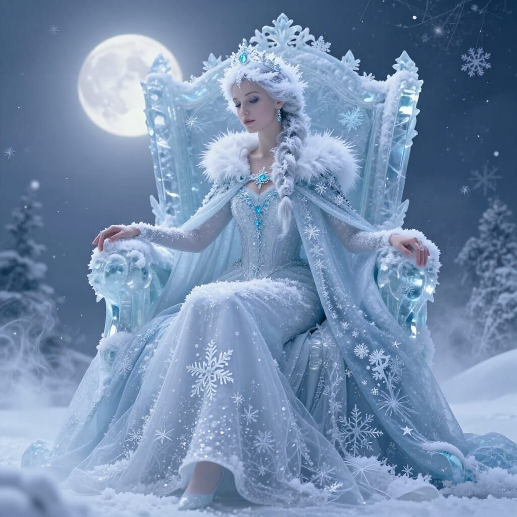 Snow Queen in Crystal Gown on Ice Throne