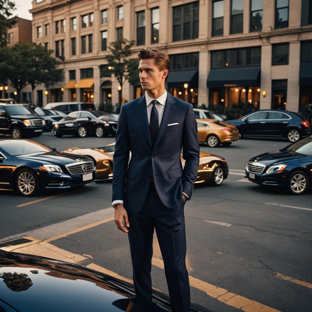 Model in Navy Suit Poses with Luxury Vehicles