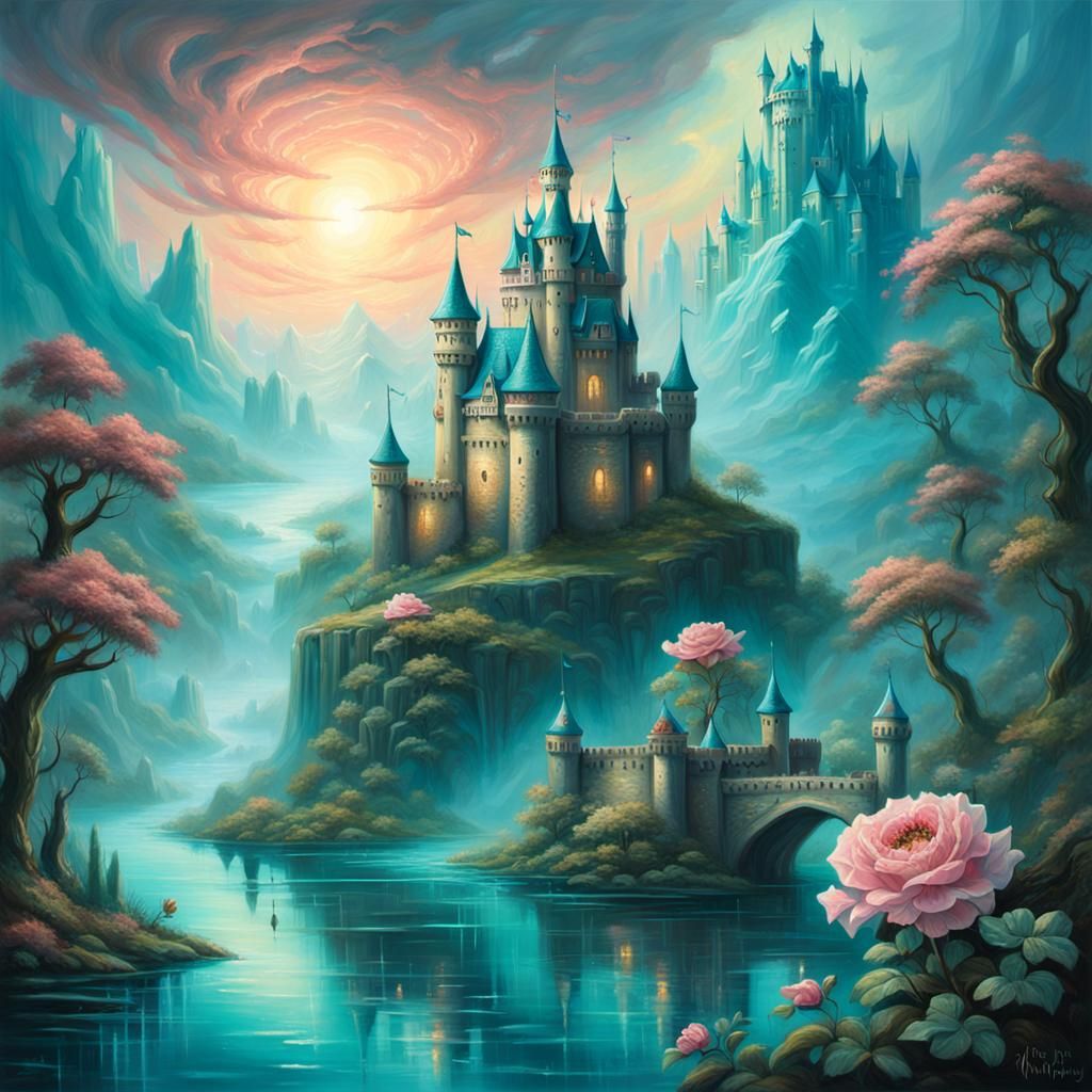 Majestic Castle with Serpentine Monster in Fantasy Oil Paint...