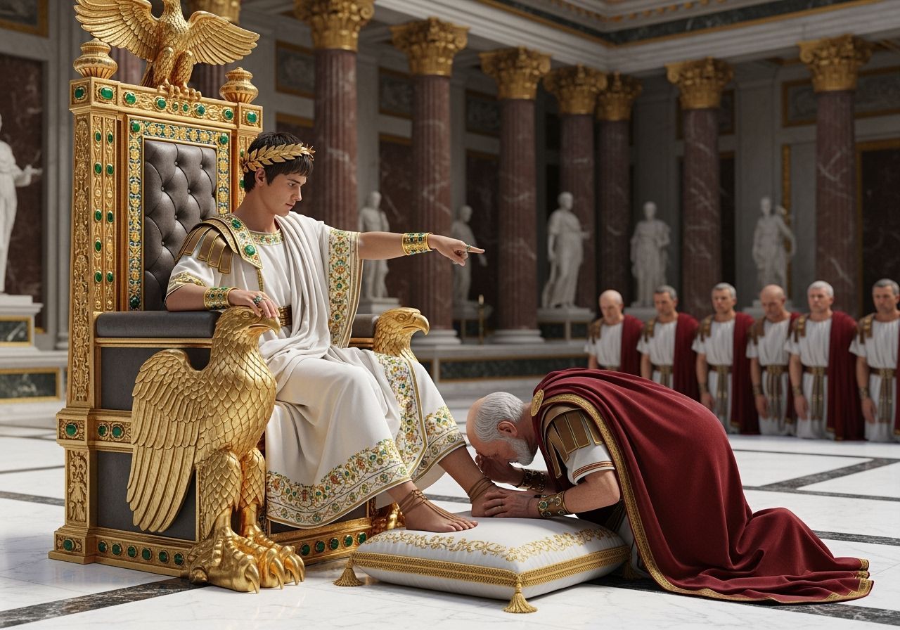 Emperor Nero on Extravagant Throne in Roman Palace