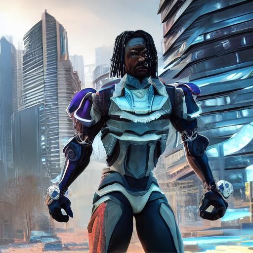 Black Superhero Commands Robot Army in Ruined Metropolis