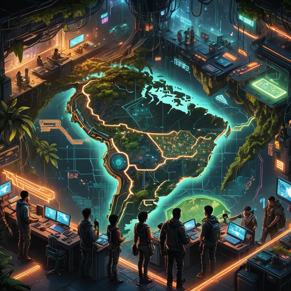 Cyberpunk World Map with Neural Network and Rainforest