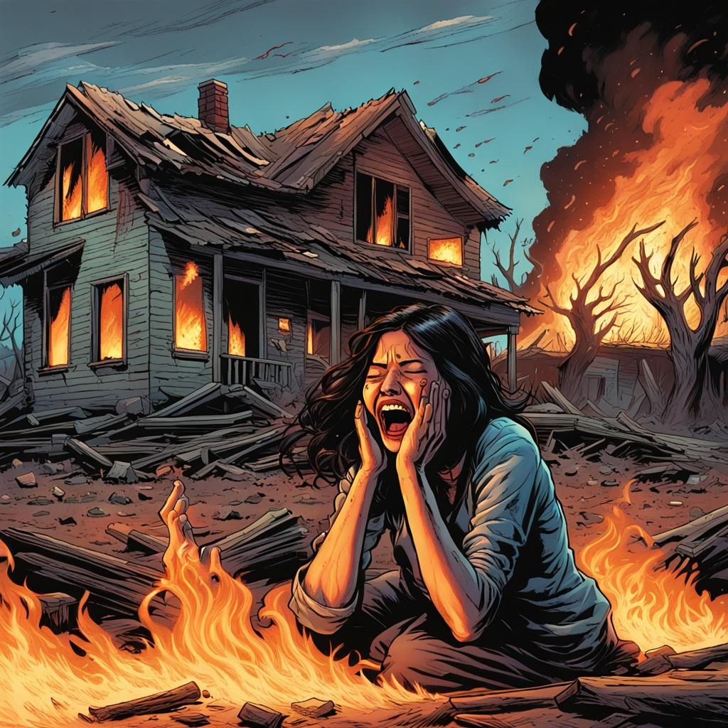 Distressed Woman Before Burning House: Comic Book Art