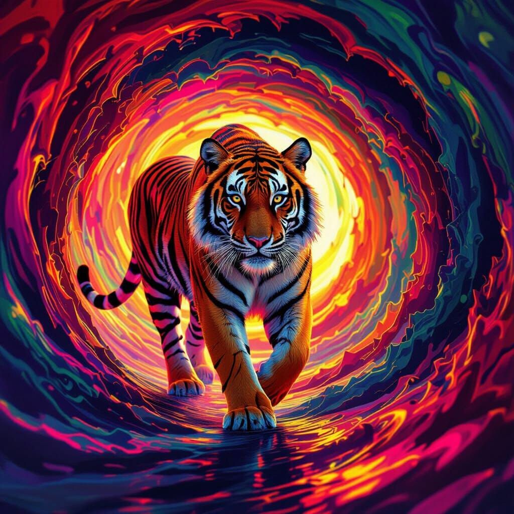 Vivid Tiger Enters Psychedelic Vortex in Digital Art Style