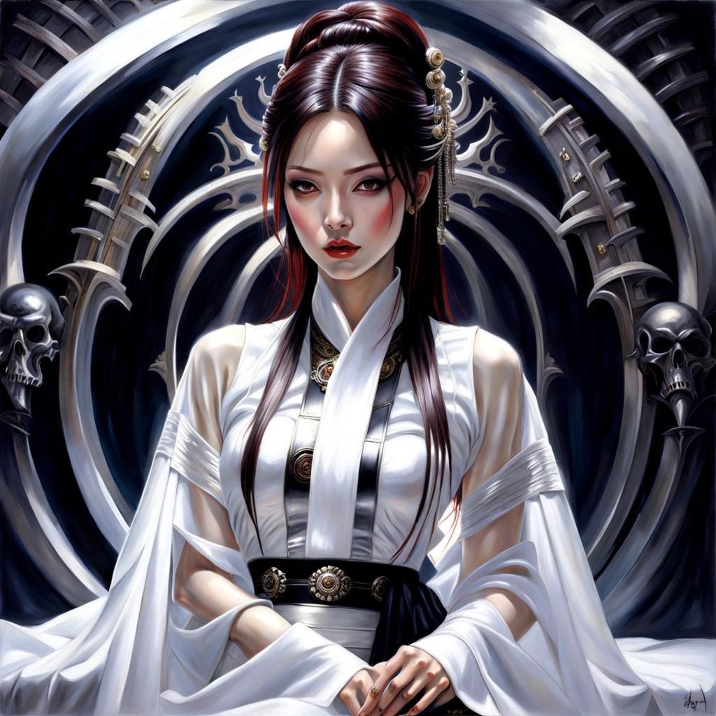 Gothic Portrait of Japanese Woman in Latex Kimono