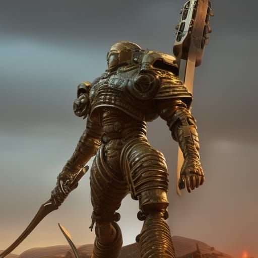Bronze Armored Warrior with Spear in Futuristic Setting