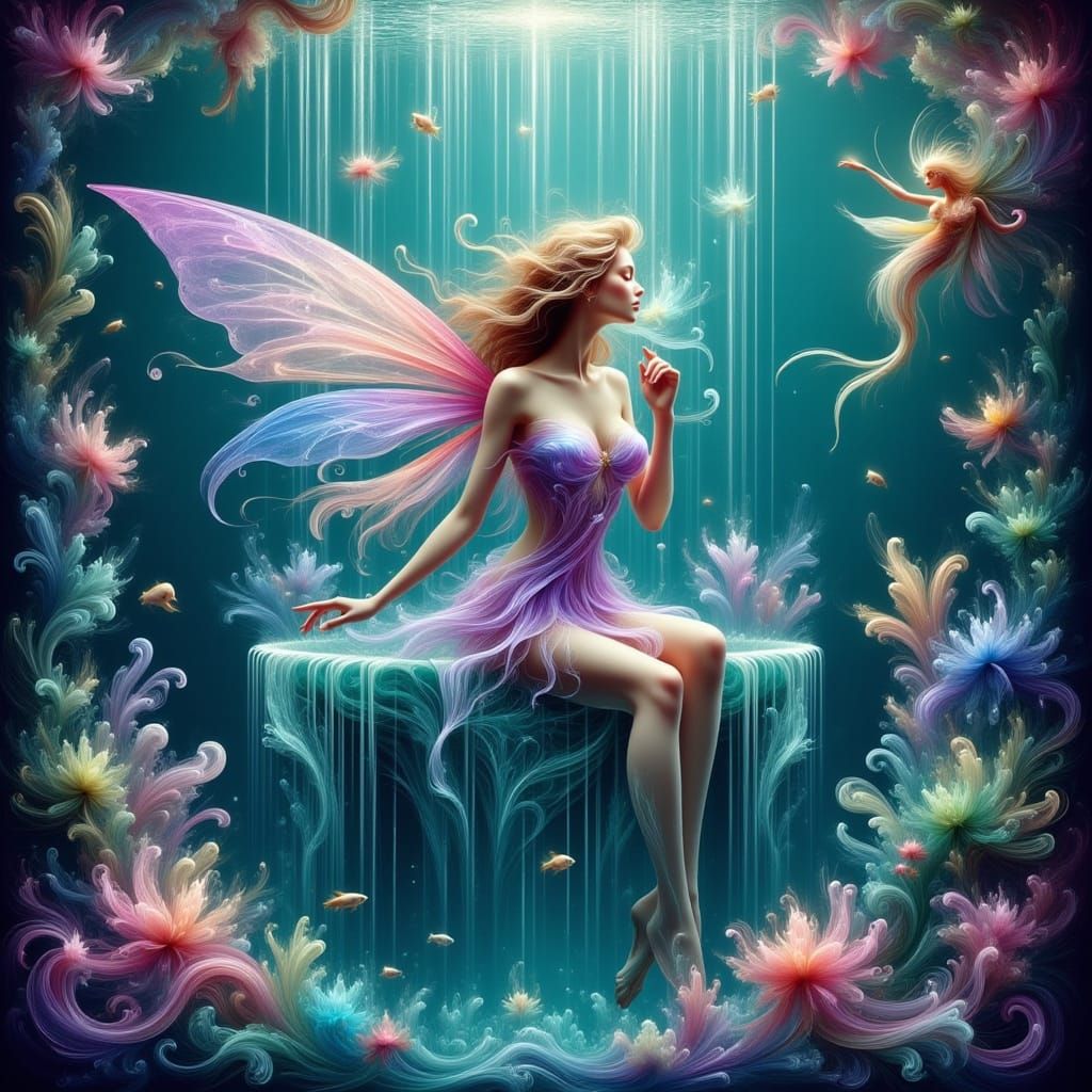 Ethereal Fairy Seated in Crystal Waterfall Fountain