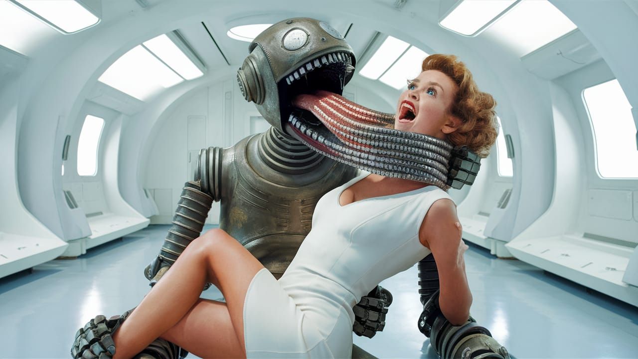 Retro Futuristic Robot Engulfs Terrified Woman in Space Stat...