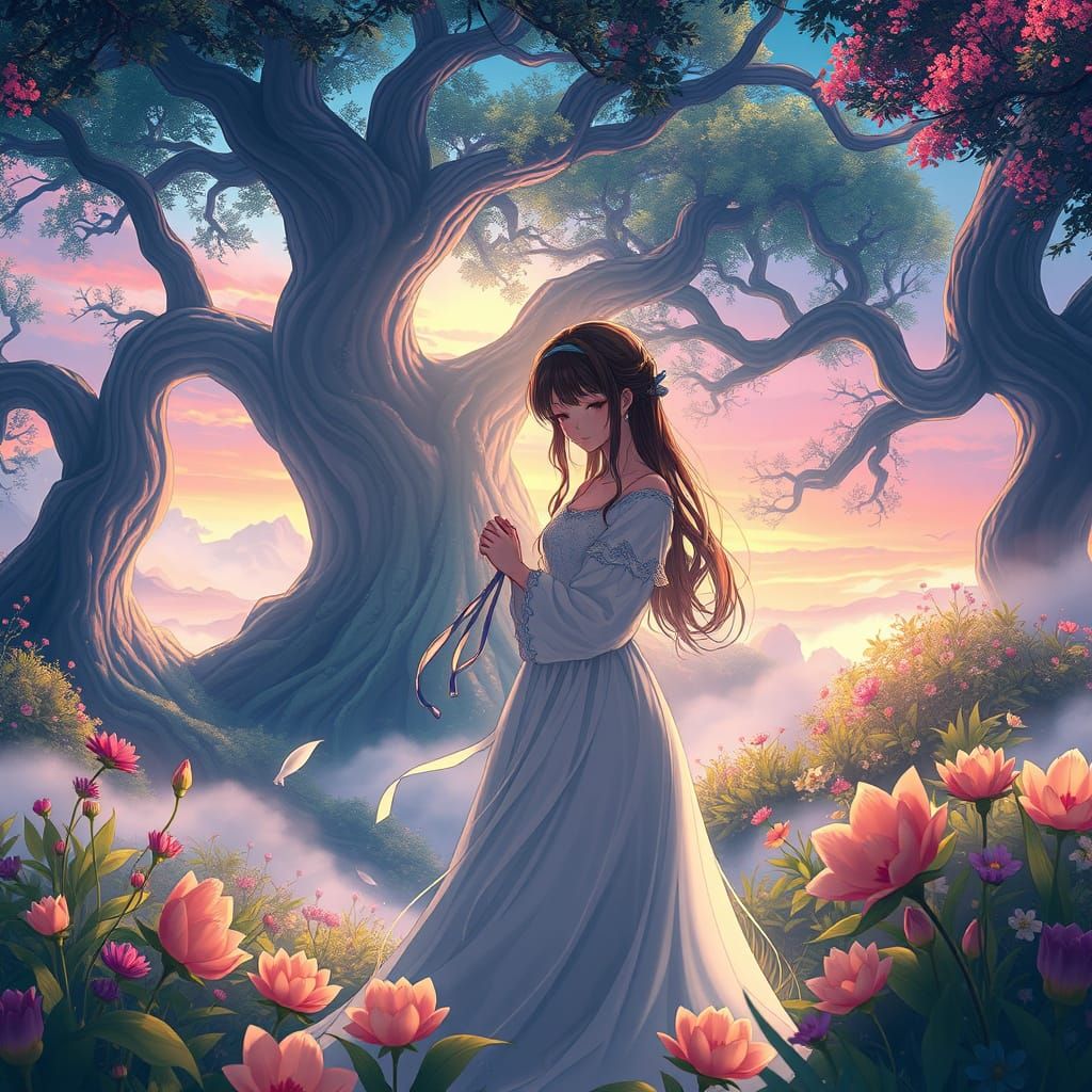 Dreamlike Anime Couple in Vibrant, Mystical Realm