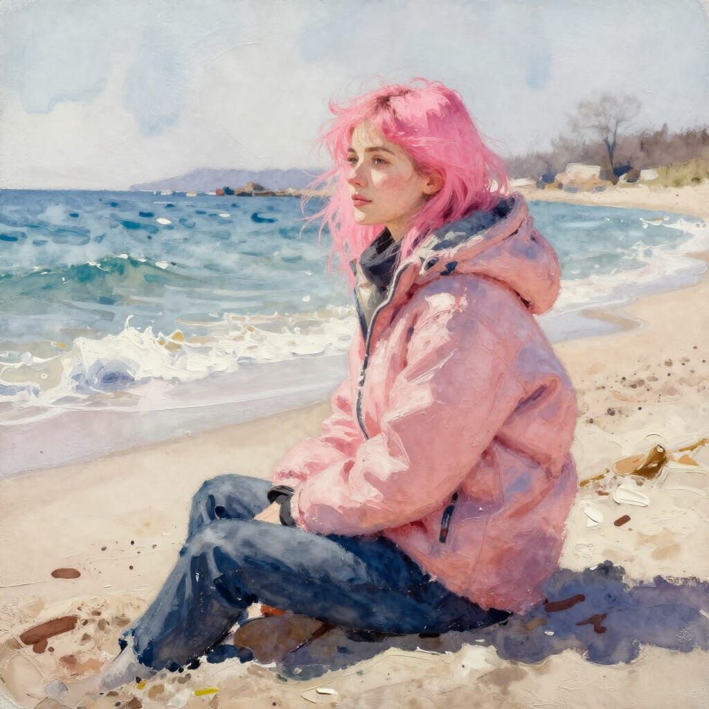 Pink Haired Woman on Winter Beach in Watercolor Style