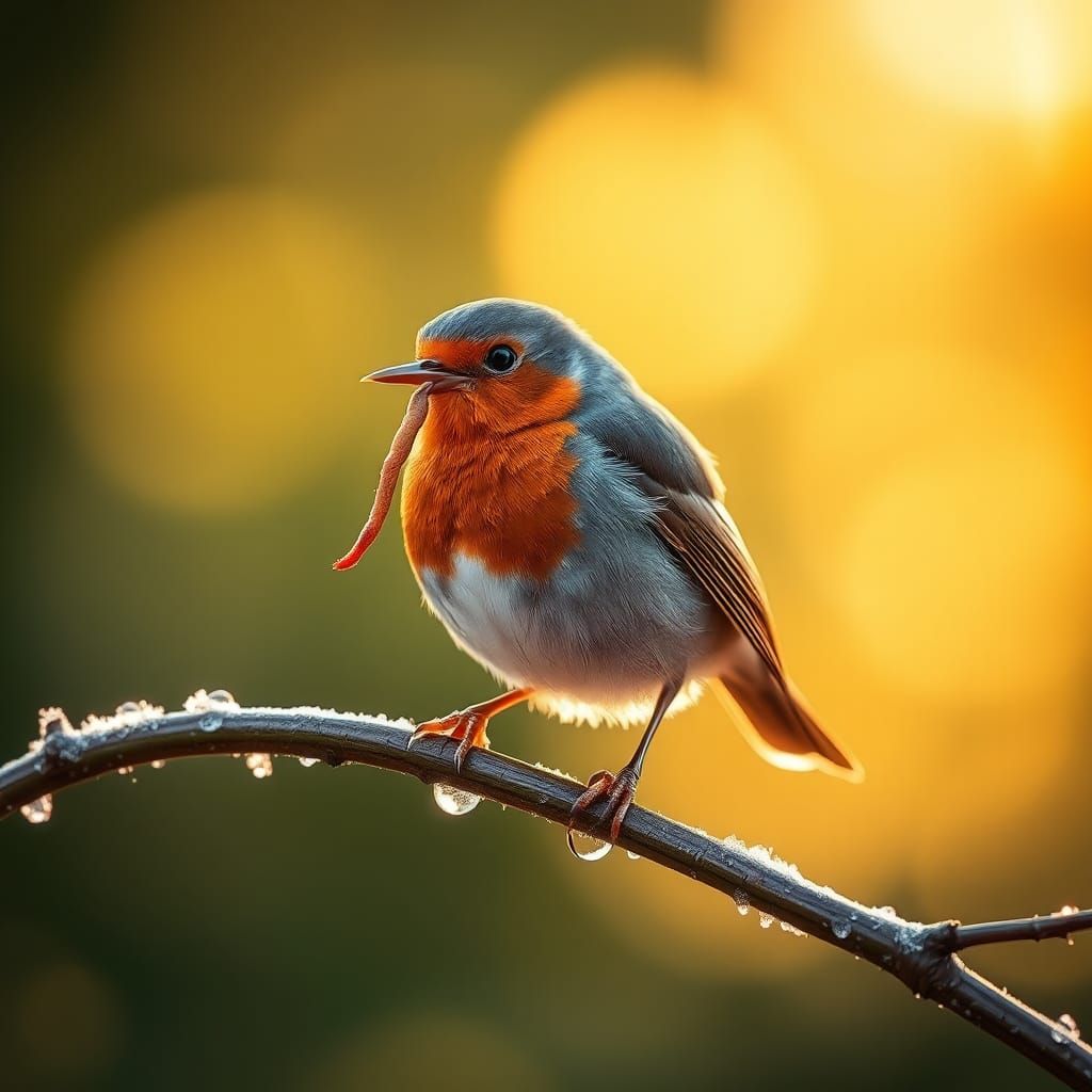 Robin with Worm in Dewy Garden, Wildlife Photography
