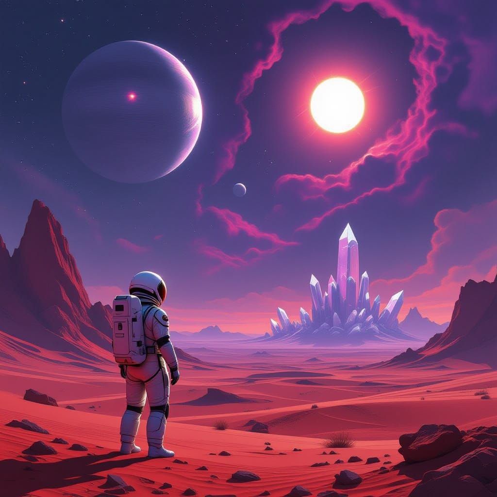 Astronaut Gazes at Twin Suns on Crimson Planet