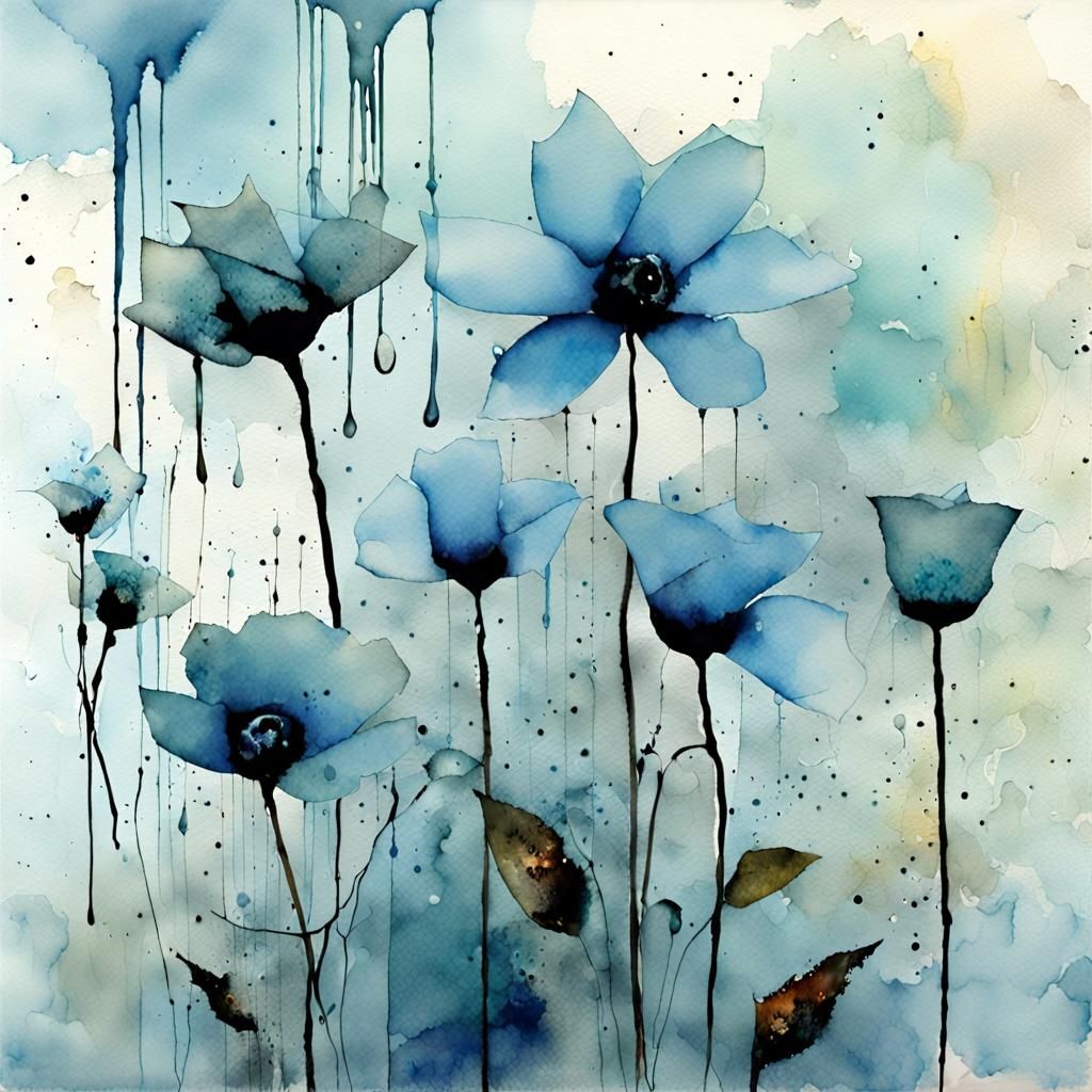 Pale Blue Abstract Watercolor Flowers in Claymation Style