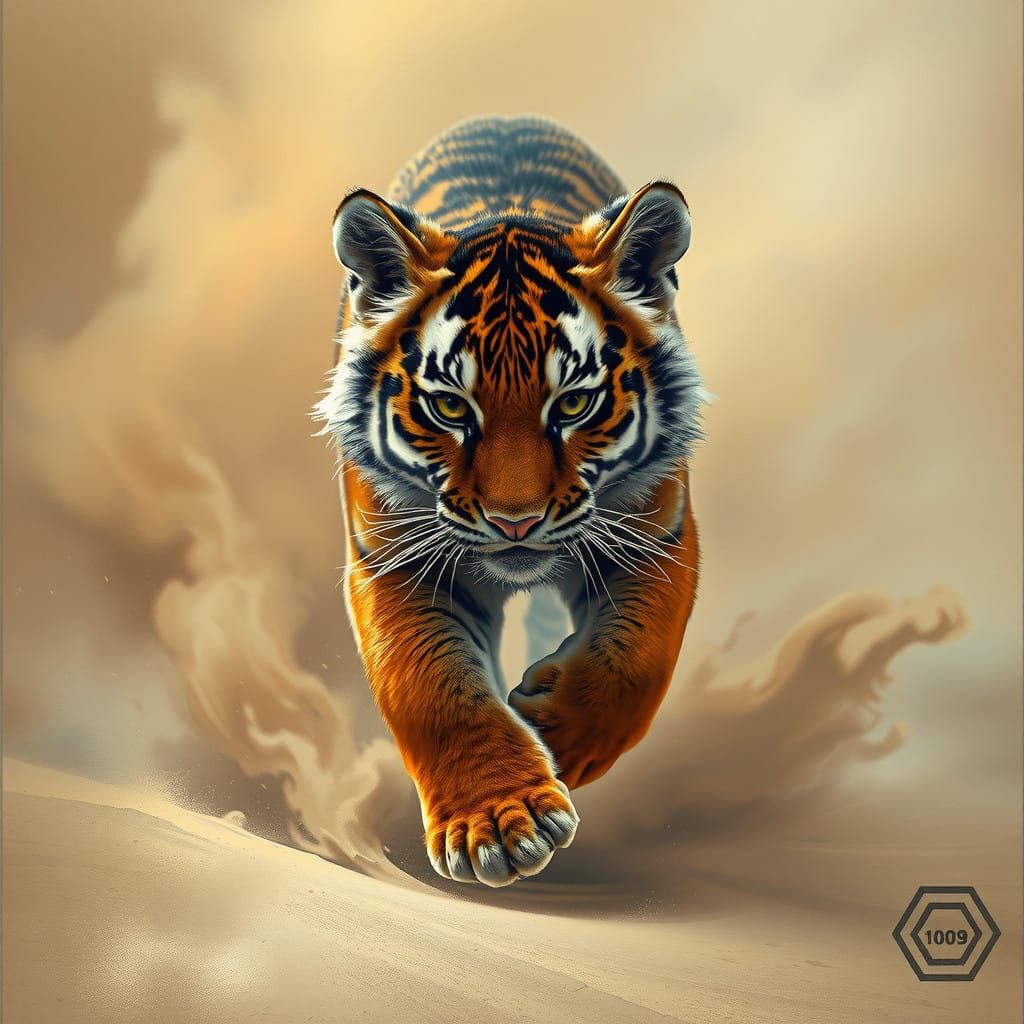 Fantasy Tiger Runs Through Desert Sandstorm in Detailed Matt...