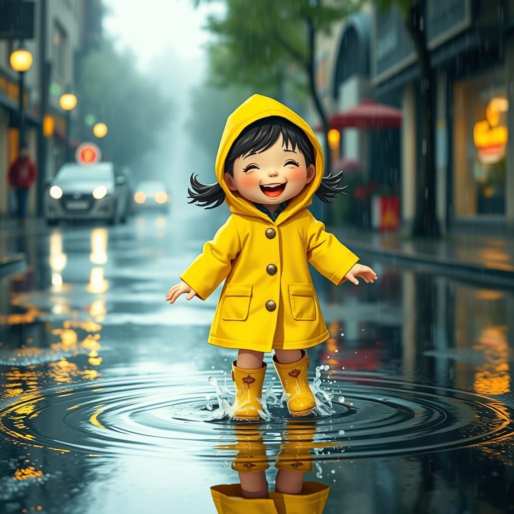 Girl Dancing in Rainy Street, Animated Style