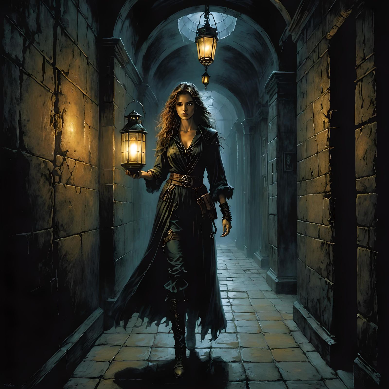 Adventuress in Dark Corridor: Comic Book Illustration