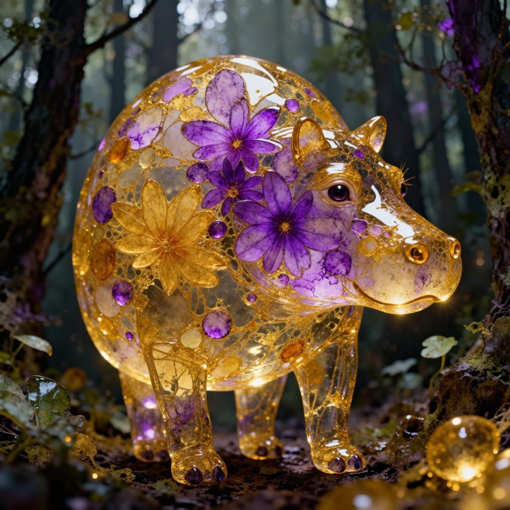 Hippopotamus fused with hyacinths and Himalayan gold quartz,<lora:Glass animals:1.0>