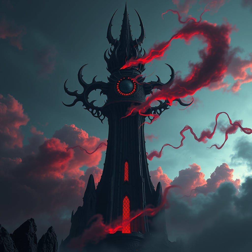 Dark Gothic Demon Eye Tower Amidst Red Clouds