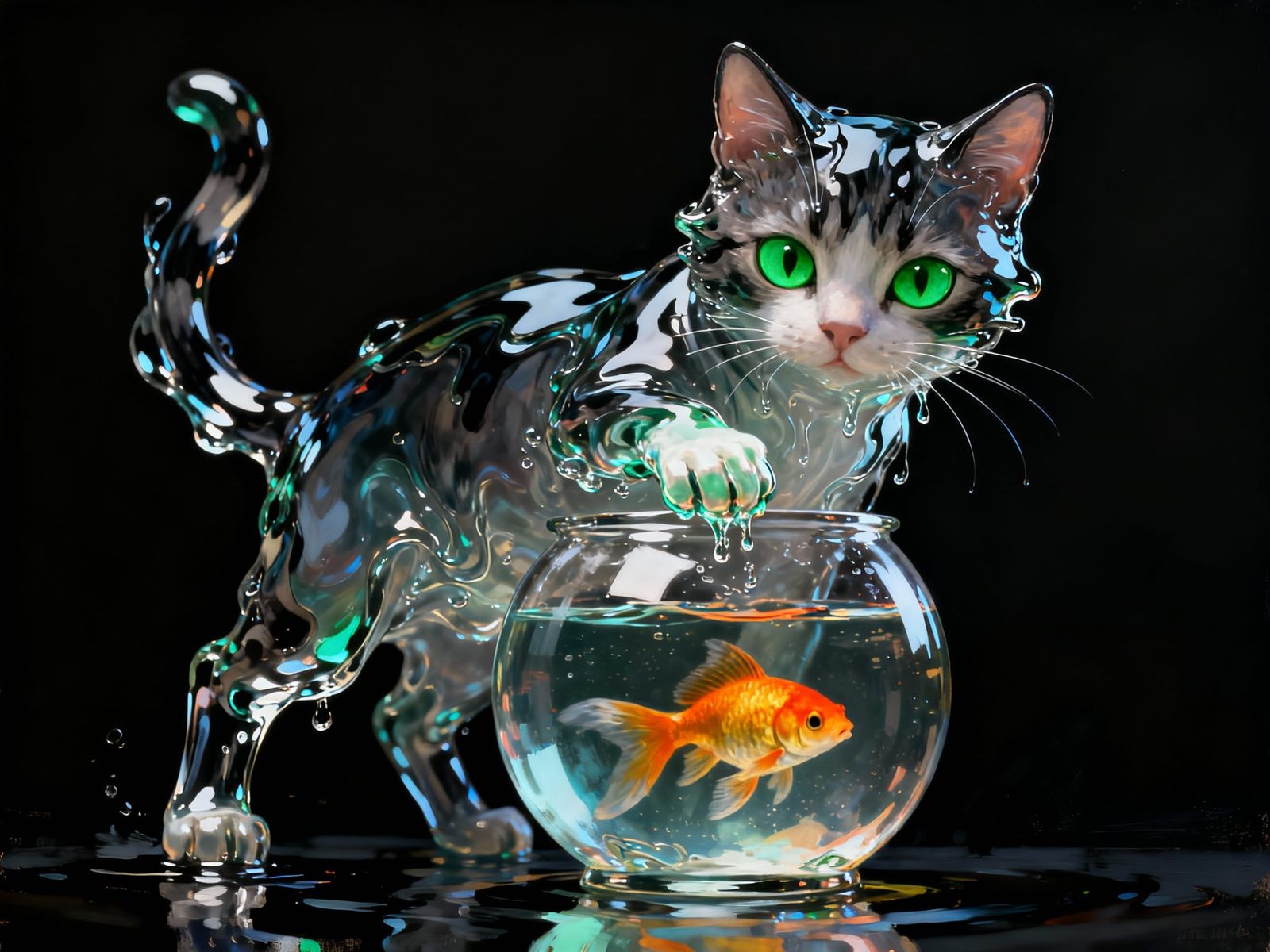 Glistening Liquid Cat Reaches for Goldfish in Bowl