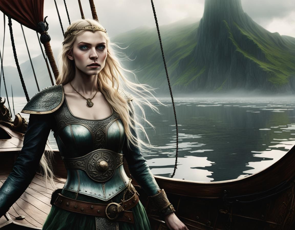 Viking Princess on Longboat in Norwegian Fjord