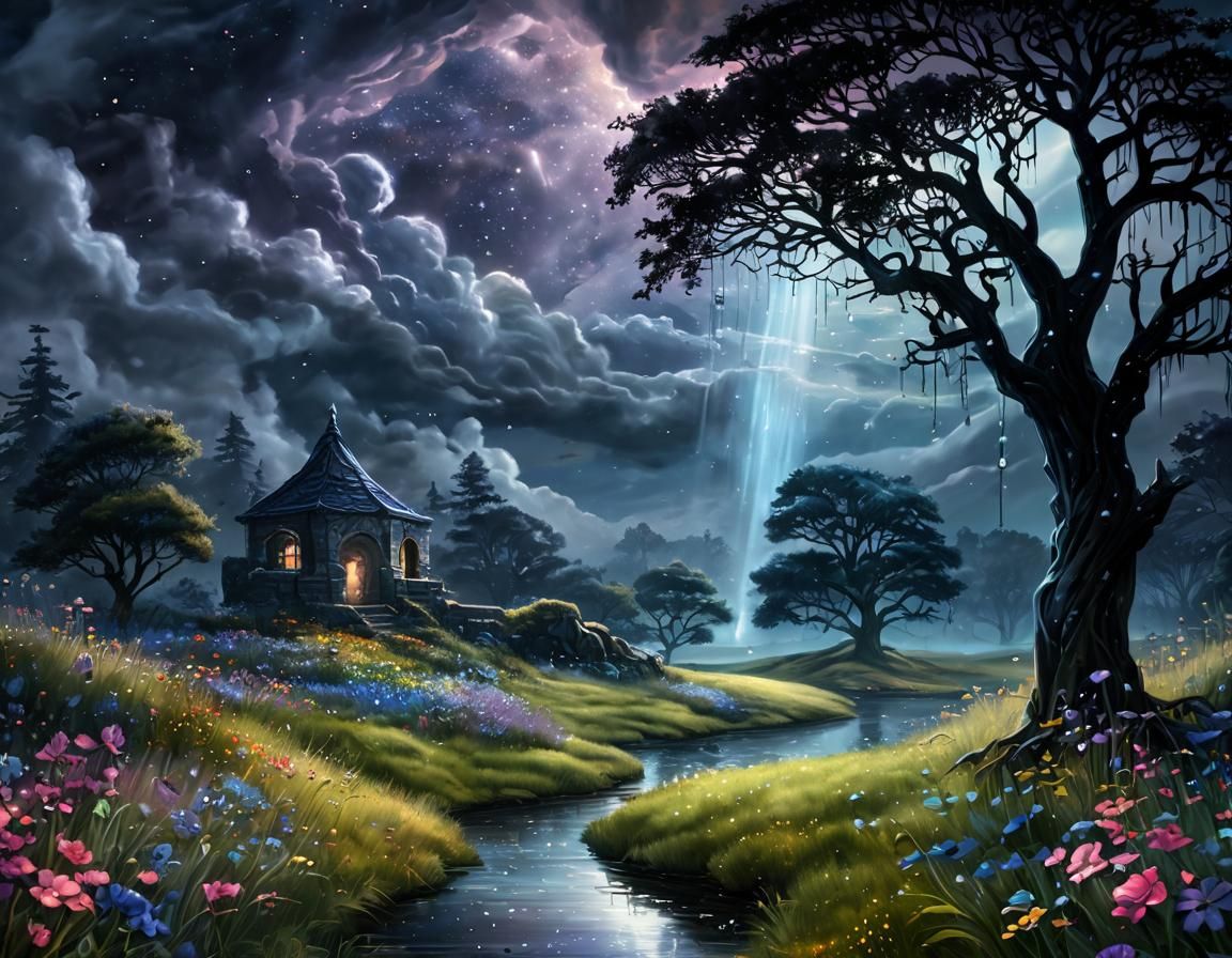 Moody Oil Painting: Ancient Well in Mythical Woodland