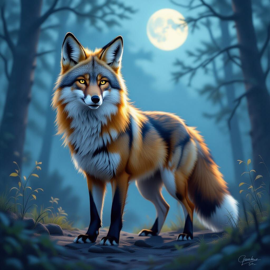 Majestic Wolf-Fox Hybrid in Misty Forest