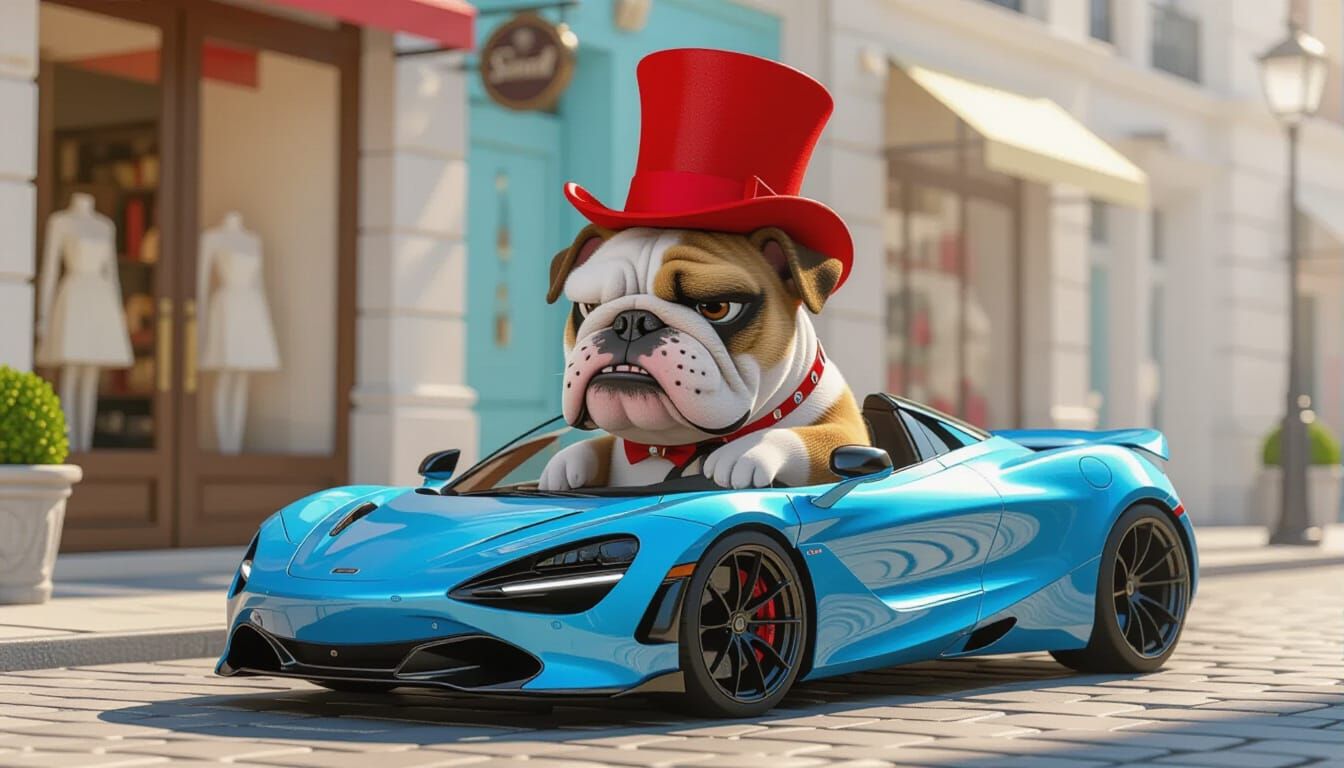 Grumpy Bulldog Drives McLaren in Cartoon Style