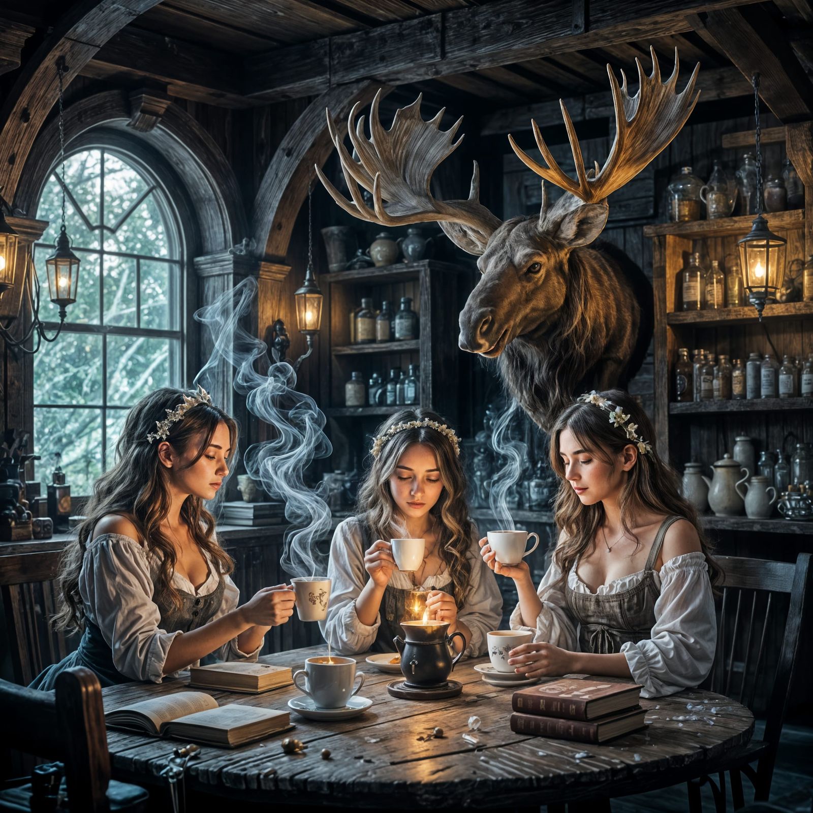 Enchanted Rustic Bar with Magic Steam and Celestial Drinks
