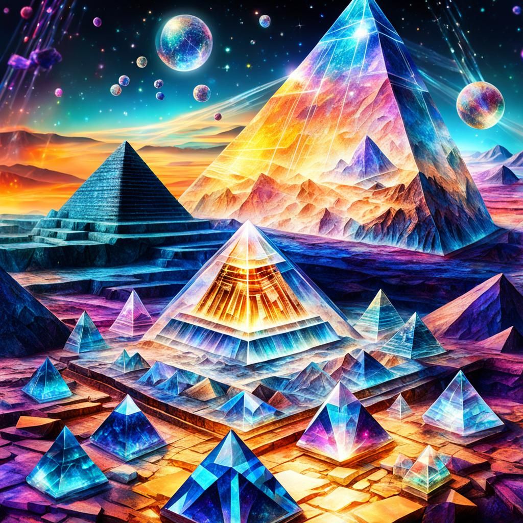 Cosmic Crystal Pyramid in Mixed Media Style