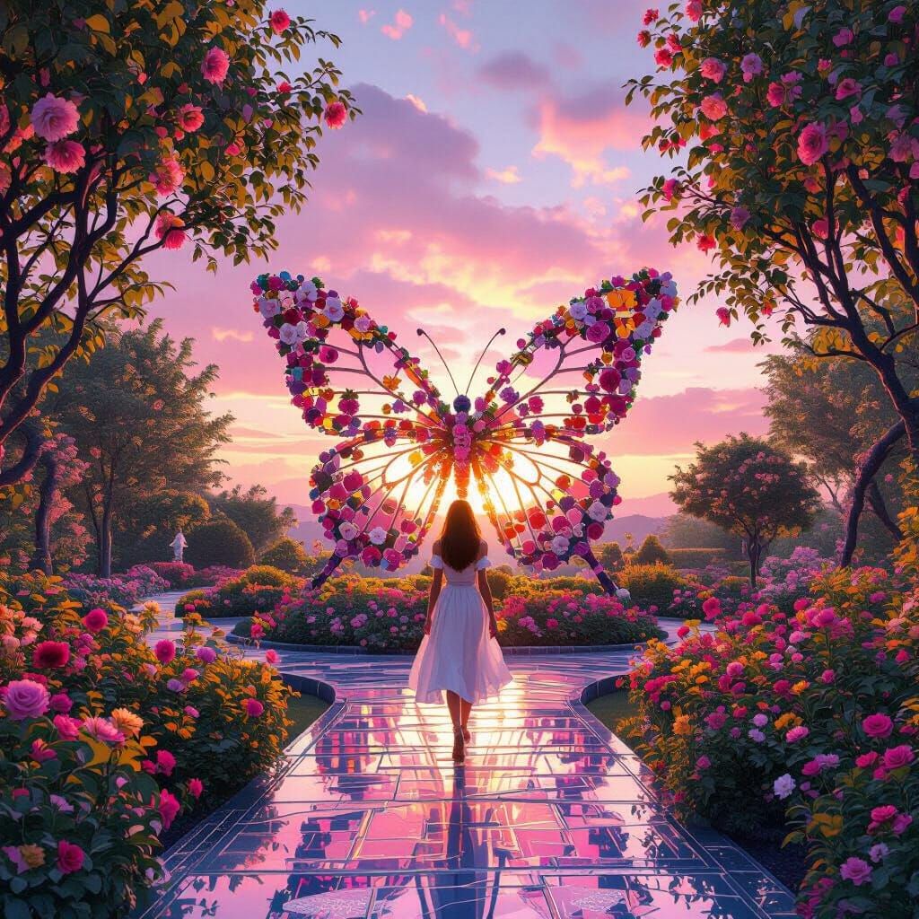 Woman in Floral Butterfly Garden at Sunset