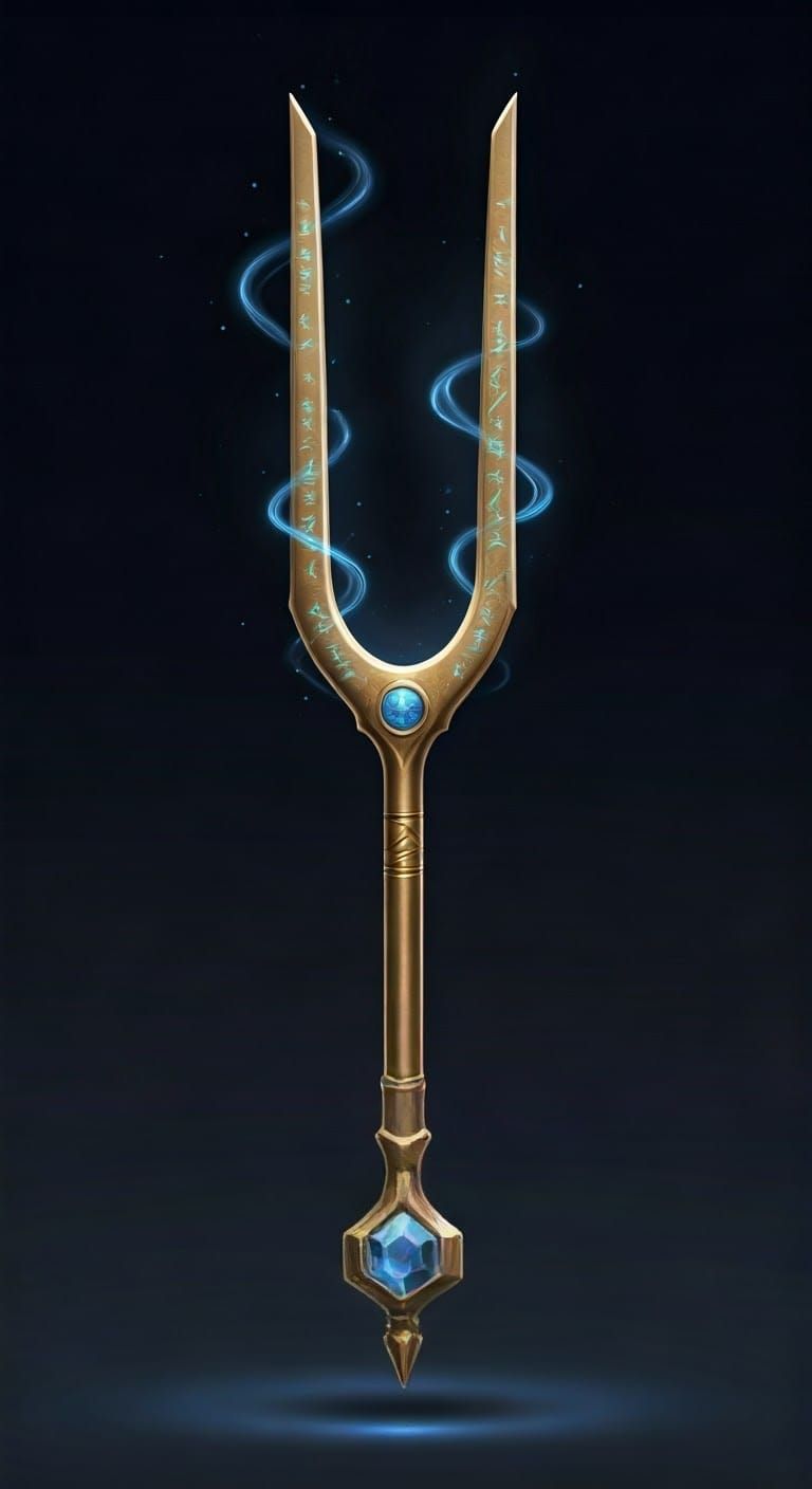 Slender Golden Tuning Fork with Arcane Runes and Magical Ene...