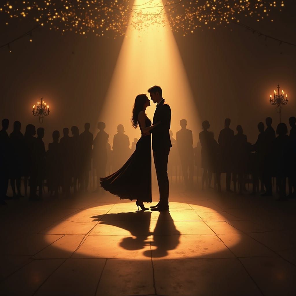 Shadows of a Dazzling Couple Swaying to the Rhythm in a Diml...