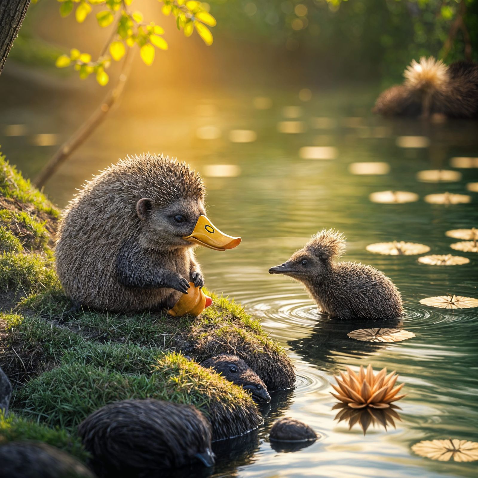 Hyperrealistic Hedgehog with Duck Bill Talking to Platypus