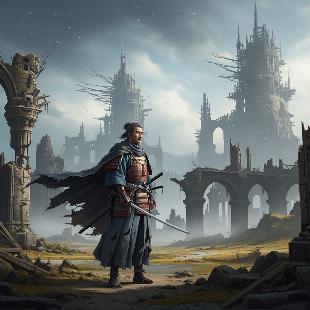 Samurai Contemplates Ancient City Ruins Under Stormy Skies