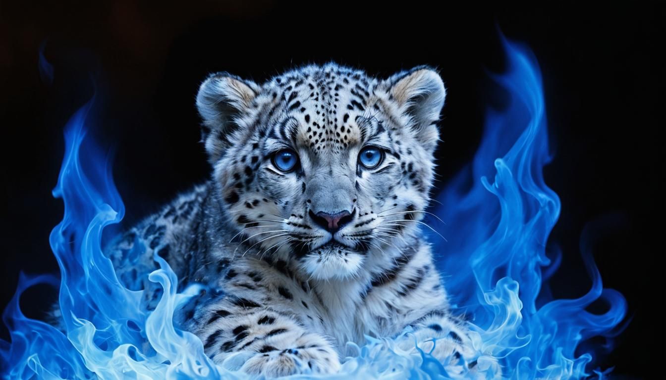 Snow Leopard Engulfed in Blue Flame Portrait