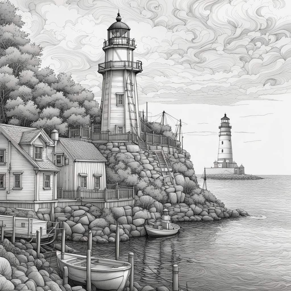 Detailed Line Art of a Coastal Harbor