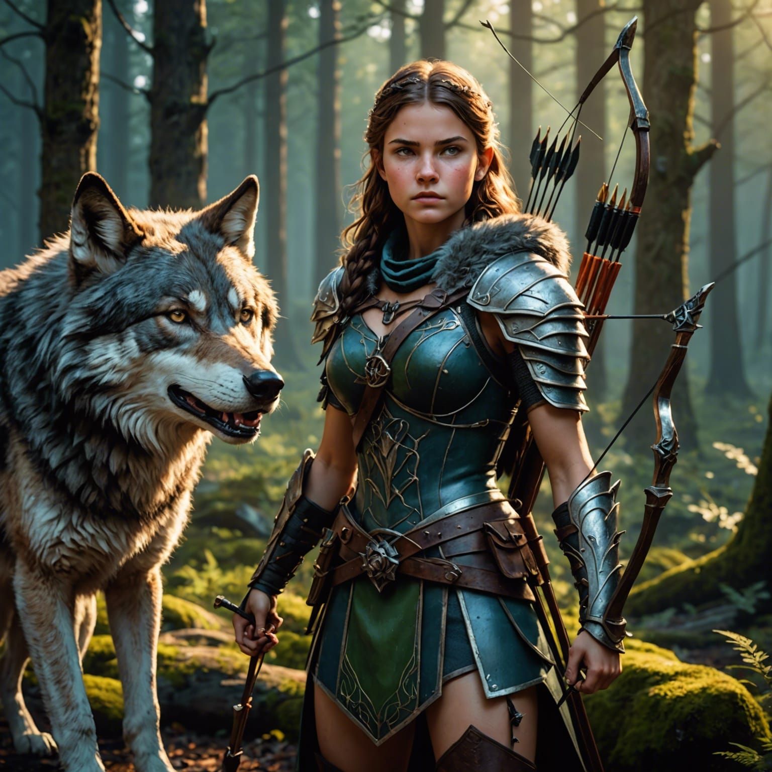 Archer Girl and Wolf in Enchanted Forest