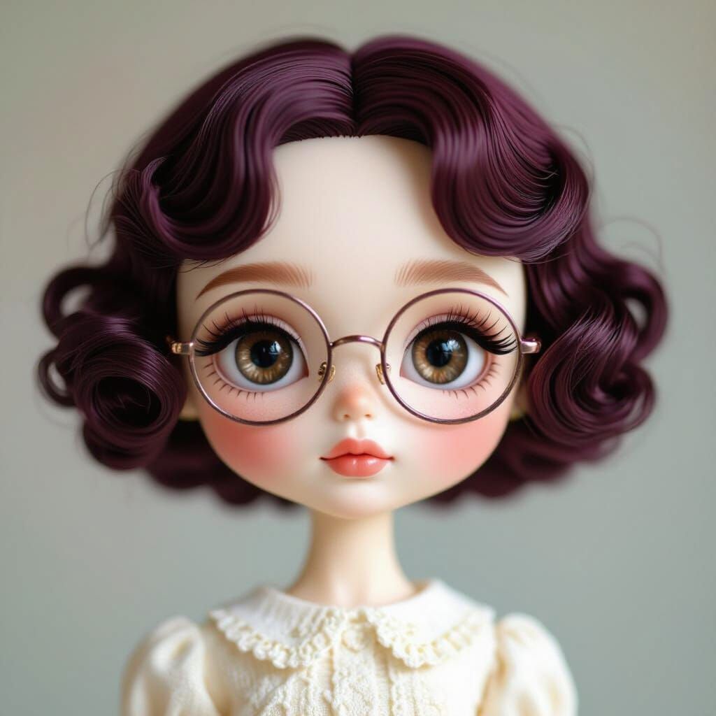 Charming Miniature Blythe Doll with Curly Hair and Glasses