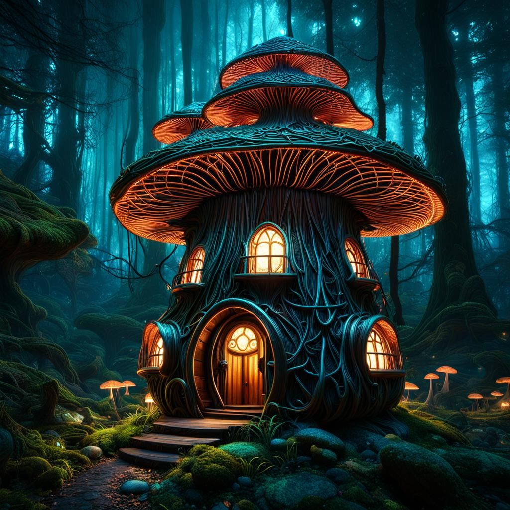 Enchanted Fairy Mushroom House in Bioluminescent Forest