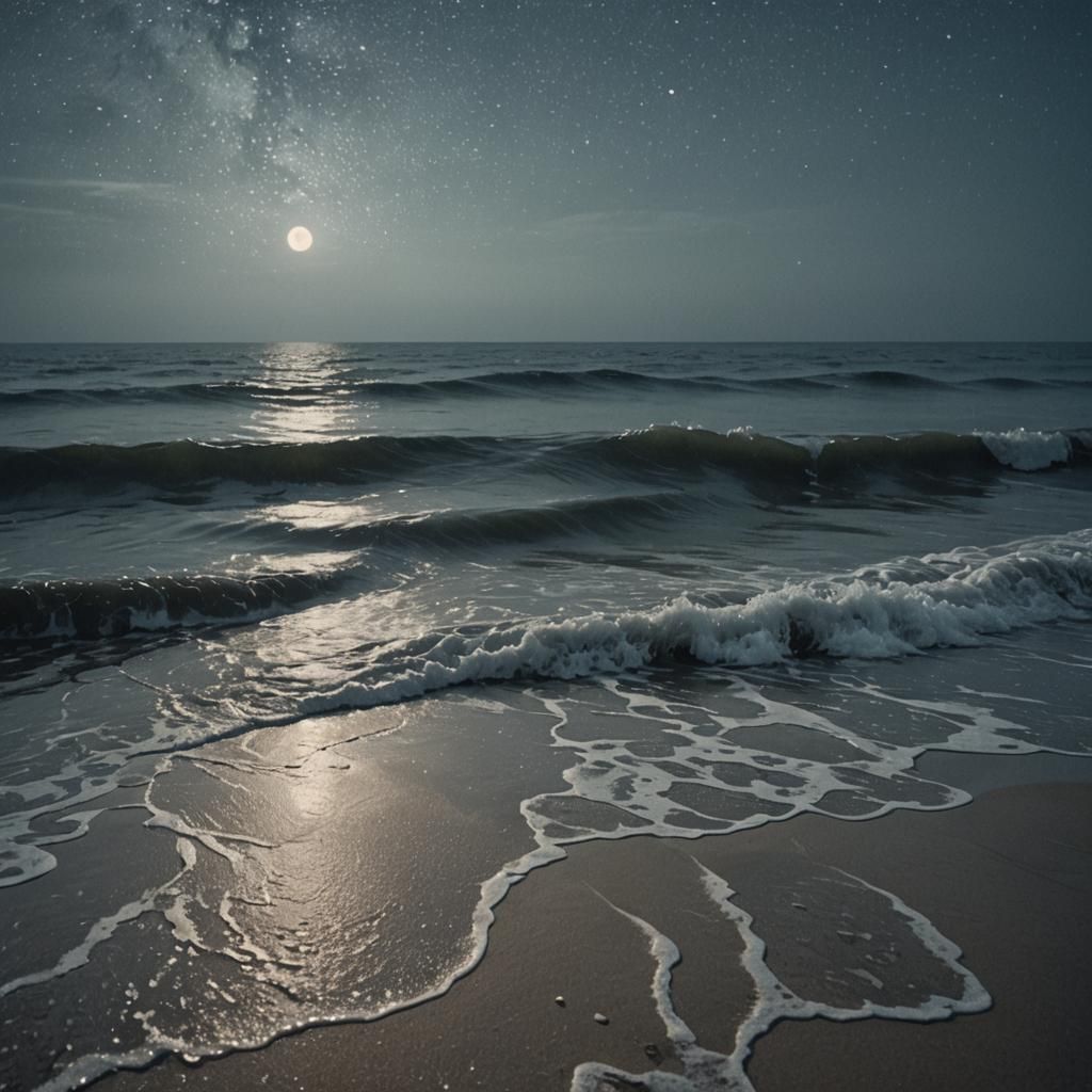 Moonlit Beach Waves as Textured Oil Painting
