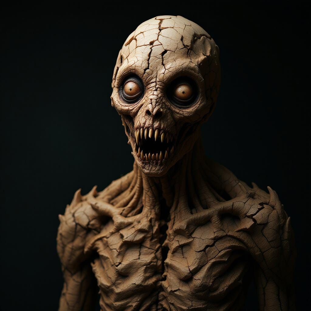 A very odd, creepy, and disturbing person made of clay, horror, frightening