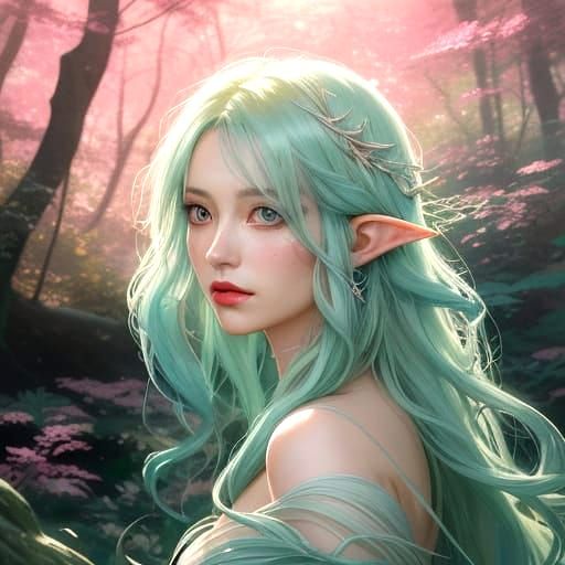 Elven Woman in Forest Clearing: Anime Style